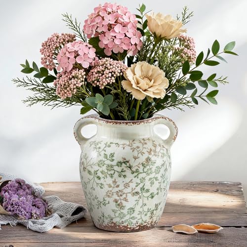 Vintage Vase Chinoiserie Ceramic Flower Vase with Double Handles (01-green and Beige-7.8 Inch)