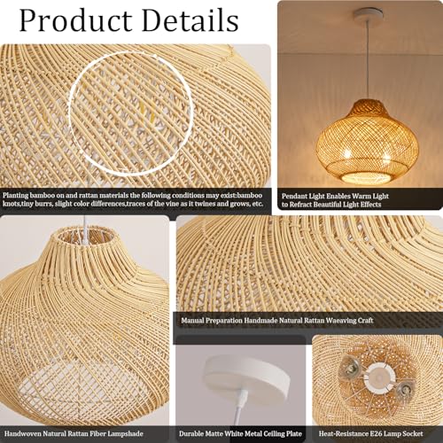 15" Rattan Pendant Light (Black Metal+Rattan / 14.96" 2-Light)