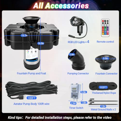 Pond Fountain Aerator with Lights (Black 4 Lights 13000gph)