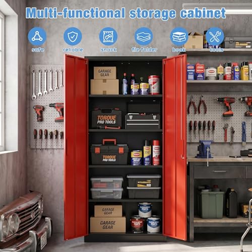 71 Inch Lockable Metal Storage Cabinet (Black & Red / 15.75"D x 31.50"W x 70.87"H)