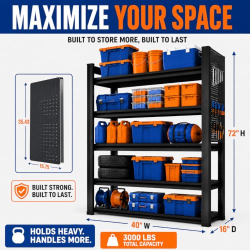 Garage Shelving Unit 5 Tier Metal Rack with Pegboard and 20 Hooks (PB-5 Tier-72‘’H)