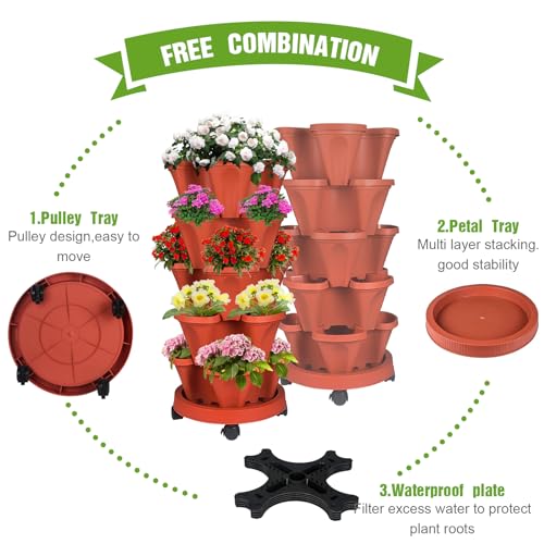 Vertical Strawberry Planter 5 Tier Stackable Tower Herb Planters Stacking Outdoor Garden Planters Pot With Tools Mover For Growing Flowers