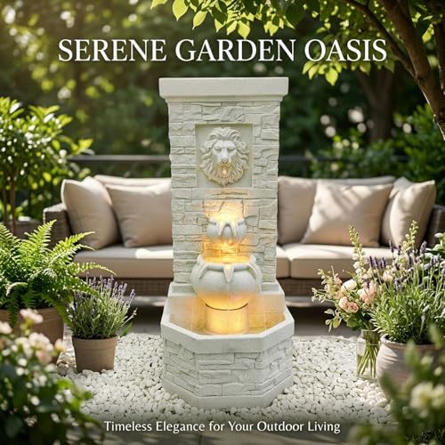 42'' Lion Head Outdoor Water Feature Fountain for Garden with Lights (White Lion 42in)