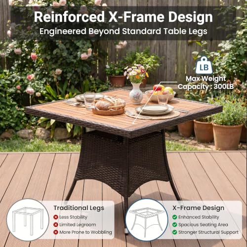 Rattan Patio Table and Chairs Set with Acacia Tabletop (Brown - Beige / 5-Pieces)