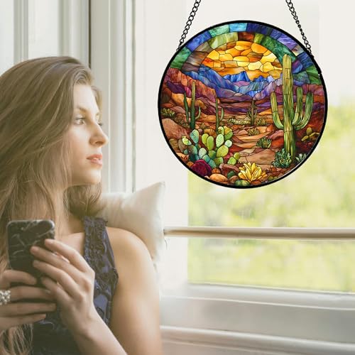 Desert Cactus Canyon Stained Glass Window Hanging Suncatcher Gifts 7.8" (Brown / 7.8x7.8 IN)