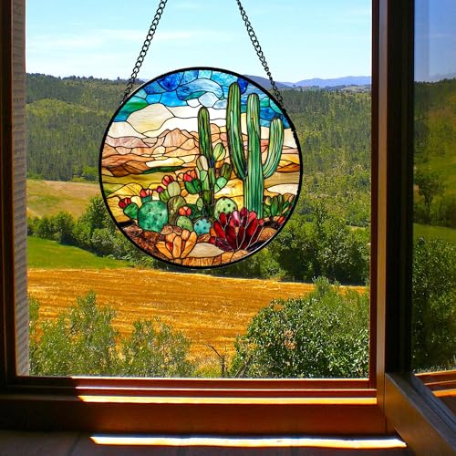 Cactus Desert Flower Stained Glass Window Hanging Suncatcher Gifts 9.8" (Brown and Green / 9.8x9.8 IN)