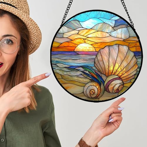 Ocean Stained Glass Window Hanging Suncatcher Beach Gifts for Women 6.3" (Colorful / 6.3x6.3 IN)