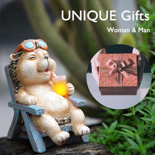 Hedgehog Statue Outdoor Solar Garden Decor for Outside Lawn Yard Patio (Brown)