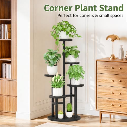 Wood Small Plant Stand Table Tall for Indoor Corner (Natural Black / 5 Tier)