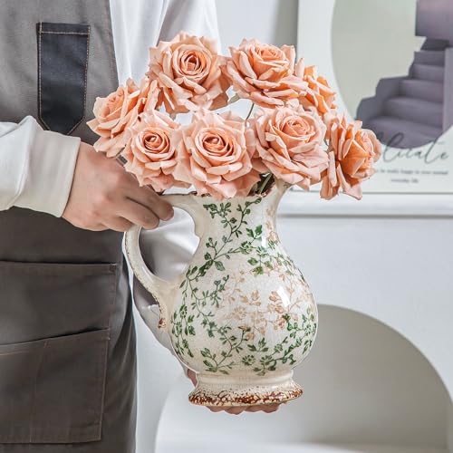 Ceramic Pitcher Vase with Handle (07-green and Beige-9.7 Inch)