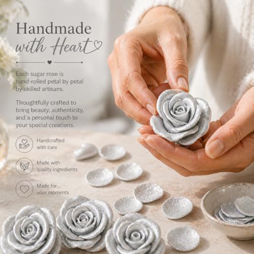 Metallic Edible Shimmering Christmas Silver Roses (Silver)