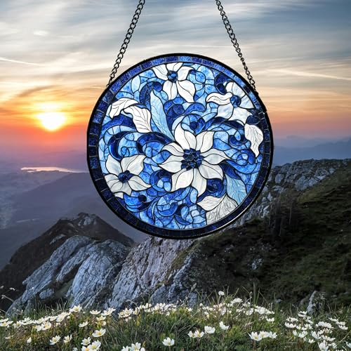 Blue White Flower Stained Glass Window Hanging Suncatcher Gift for Mom 15"