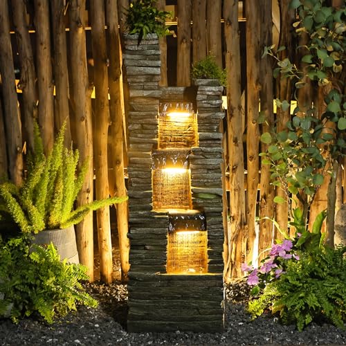47 in High Water Fountain Outdoor Garden 3 Tier Cascading Large Outdoor Fountains and Waterfalls with LED Lights for Garden (Stone 47 Inch)