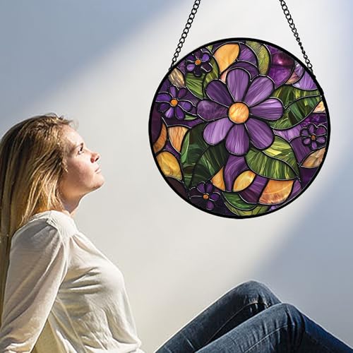 Stained Glass Window Hanging Purple Flower Suncatcher Gift for Women 6.3" (Brown-green / 6.3x6.3 IN)