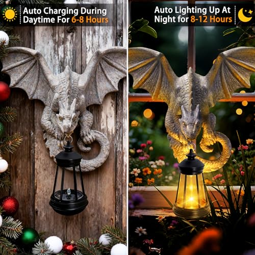 Solar Dragon Tree Hugger Garden Statue (Stone Grey - Dragon with Lantern)