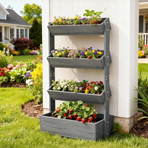 4 Tiers Vertical Raised Garden Bed Outdoor Planter Tower (31.5" x 18" x 55" 4 Tier / Gray-vertical)