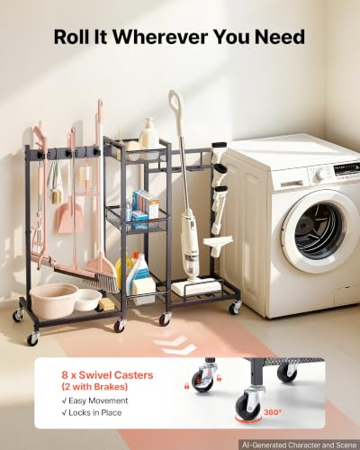 Broom Holder with Cleaning Supplies Organizer (Large)