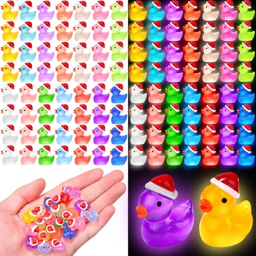 120Pcs Luminous Christmas Mini Resin Duck 14 Colors Glow in The Dark Small Duck Figurines for Miniature Christmas Decor Aquarium Ornament Dollhouse Decoration DIY Slime Craft Kit Birthday Party Favors (120pcs-christmas Ducks)