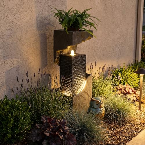 Modern Rectangular Water Fountain Outdoor with LED Lights & Planter Top (Graymodern35.4)