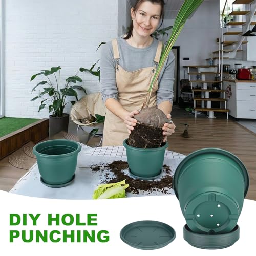 12 Pcs 8+'' Plastic Plant Pots Round Planter Pots with Saucer Tray Seedling Pot Hole Seed Resin Plant Pot Starting Nursery Flower Container with Pallet for Garden Outdoor Indoor (Green / 8.66'')