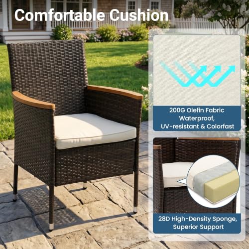 10 Pieces Ratton Patio Table and Chairs with Acacia Tabletop for Outdoor (Brown - Beige / 10-Pieces)