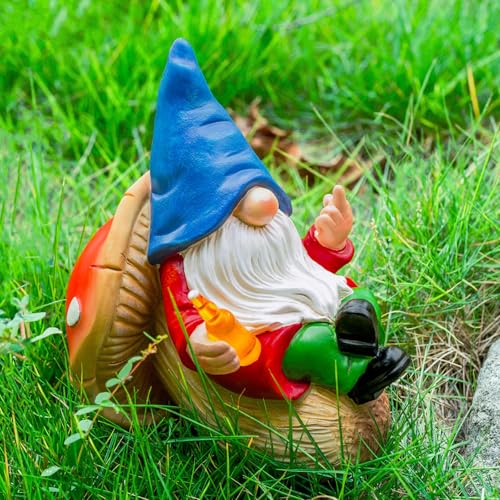 Middle Finger Gnome Statue Naughty Garden Gnomes Funny Drunk Gnome on Mushroom Indoor Outdoor Summer Decoration for Yard Lawn Home Christmas Birthday Gag Gift (Beer Gnome)