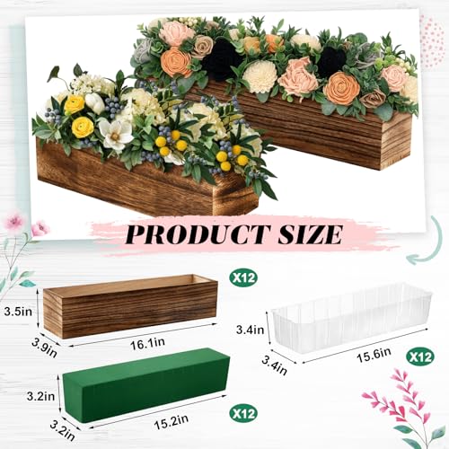 12 Set Wood Rectangle Boxes 16x4 Inch Rustic Planter with Liner (16x4 Inch)