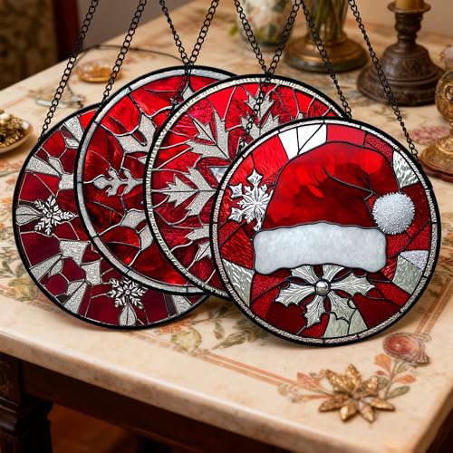 Stained Glass Window Hanging 4 Pcs Set Red Christmas Decorations Theme 9.8" (4-piece Red Christmas Set / 9.8x9.8 IN)