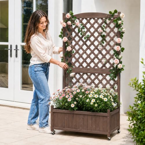 Trellis Raised Garden Bed with Wheels Trellis for Climbing Plants Outdoor (Dark Brown / H63 × W36 × D17.5 in)