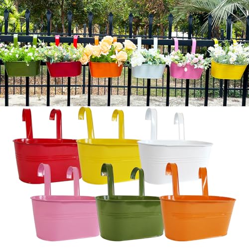 6 Pack 12" Colorful Metal Railing Planters with Hooks for Outdoor Fence (Oval - 11.8 Inch)