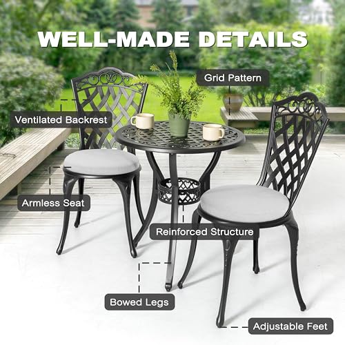 3 Piece Patio Bistro Set Outdoor Cast Aluminum Bistro Table and Chairs Set of 2 (Gray Cushion / Pattern B)