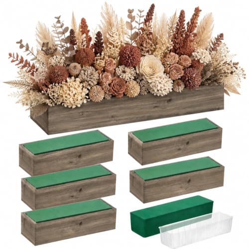 6 Set Wood Boxes for Centerpieces 12x4 Inch Rectangle Wooden Planter Box Rustic Wooden Planters with Removable Plastic Liner Floral Foam Blocks for Christmas Wedding Home Garden Decor (12 X 4 Inch / Brown)