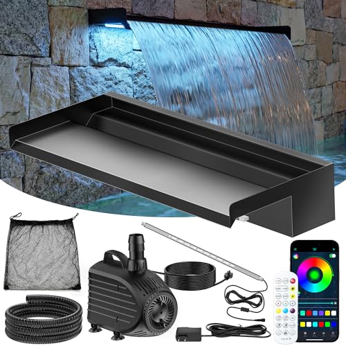 Pond Waterfall Kit with Colorful LED Lights & 1200GPH Pond Pump (24 INCH)