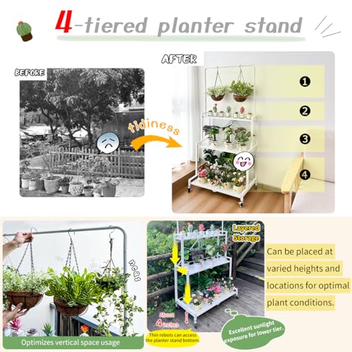 Foldable 4 Tier Plant Stand With Wheels Indoor Outdoor Black