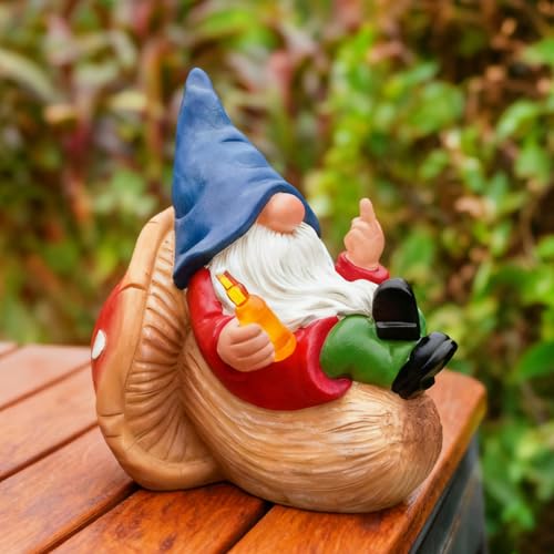 Middle Finger Gnome Statue Naughty Garden Gnomes Funny Drunk Gnome on Mushroom Indoor Outdoor Summer Decoration for Yard Lawn Home Christmas Birthday Gag Gift (Beer Gnome)