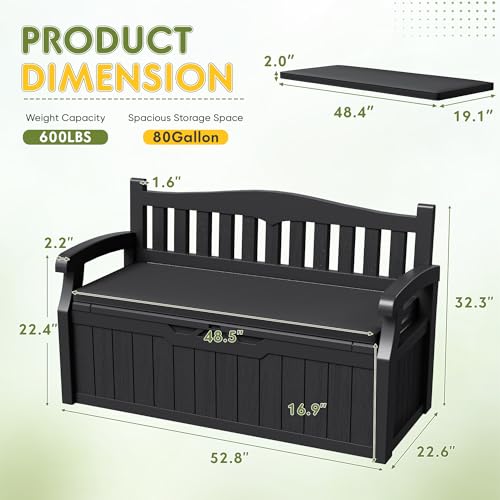 80 Gallon Outdoor Storage Bench Deck Box (80 Gallon with Cushion / Black)