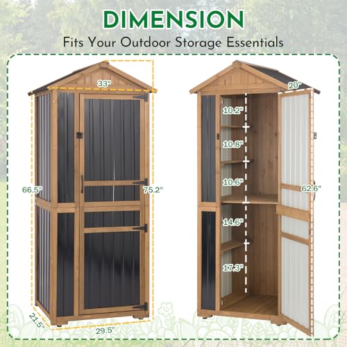 Outdoor Storage Cabinet Wooden Vertical Garden Tool Storage Shed (Black / 29" x 21" x 75")