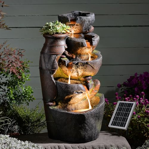 31.7" Tall Rock Solar Water Fountain Outdoor Waterfall (31.7’’H / Solar-jar & Stacked Stone)