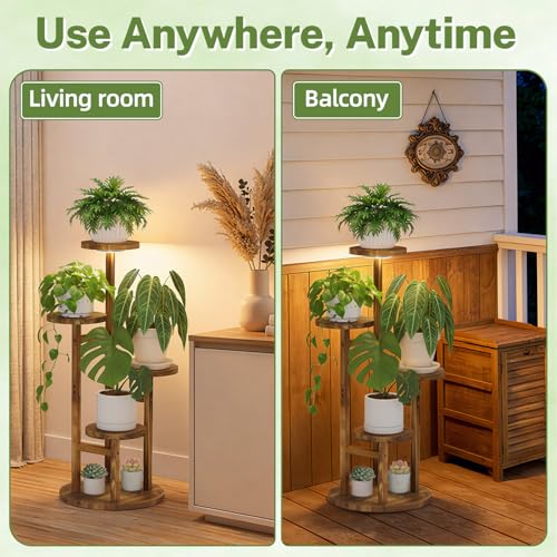 4 Tier Wood Plant Stand Indoor Corner with Grow Light (Pine Brown with Light / 4 Tiers)