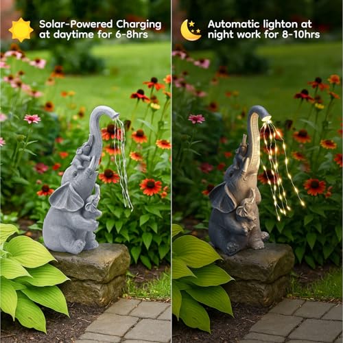 Solar Garden Outdoor Statue with 35 LED Lights (Elephant with String Lights)