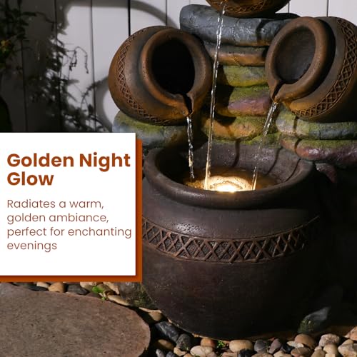 22" Tall Water Fountain Outdoor Cascading Bowls and Stacked Stones 3 Tiers Waterfalls Natural Water Feature with LED Lights for Garden (Brown-2)