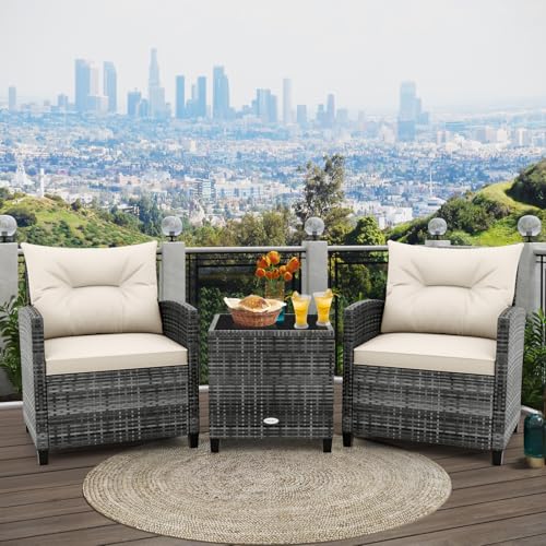 3 Pieces Patio Conversation Set PE Rattan Outdoor Furniture Sofa Set with Removable Cushion (Mix Grey & Beige)