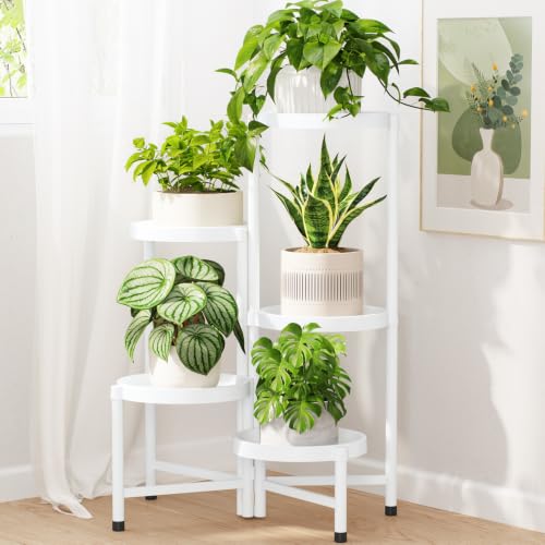 Plant Stand Indoor Outdoor with Large 10 Inch Plastic Tray (Snow White with Large Tray / 5 Tier)