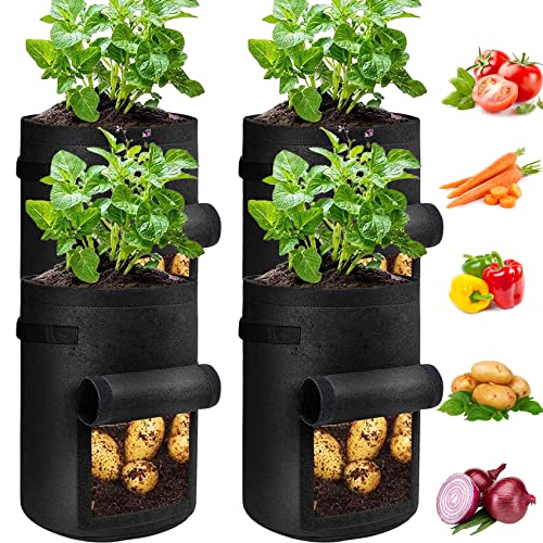 4 Pack Potato Grow Bags 10 Gallon with Flap (Black 10 Gallon / 4 Pack with Window)
