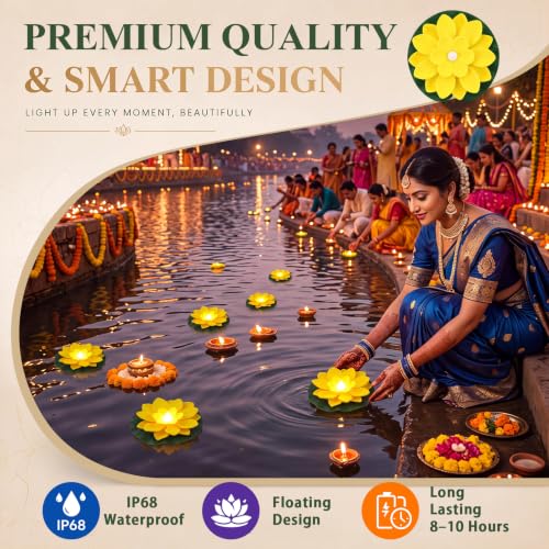 9 Pcs 3.94 in Floating Lotus Lights with Battery (3.94 Inch / Yellow)