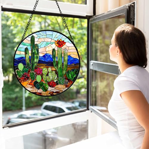 Green Cactus Stained Glass Window Hanging Suncatcher Gifts for Women 7.8"