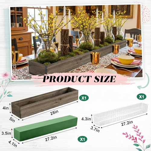 1 Set Wood Boxes for Centerpieces 28x5 Inch Rectangle Wooden Planter Box Rustic Wooden Planters with Removable Plastic Liner Floral Foam Blocks for Christmas Wedding Home Garden Decor (28 x 5 Inch / Brown)