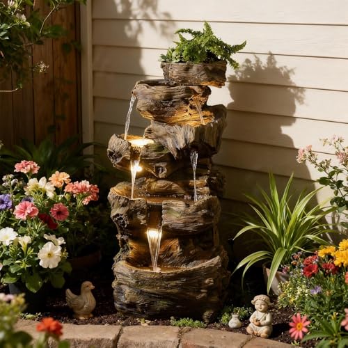 40H Realistic Tree Cascading Outdoor Water Fountain with 5 Tiers (46.2H / Brown-wooden)