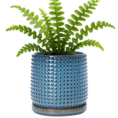 Beaded Ceramic Pot with Saucer (5.8 Inch / Ocean Teal)