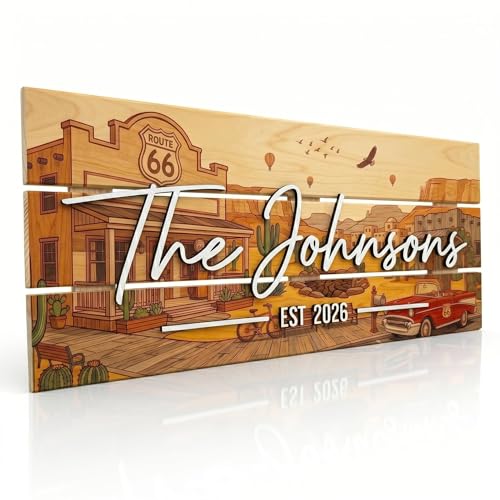 Western Sign Custom Family Last Name Solid Wood Sign with Established Date (Route 66 _ Western Town / Large)